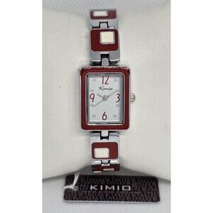 Women's Kimio Rectangle White Dial  Silver Red Tone Bracelet Band Watch 04